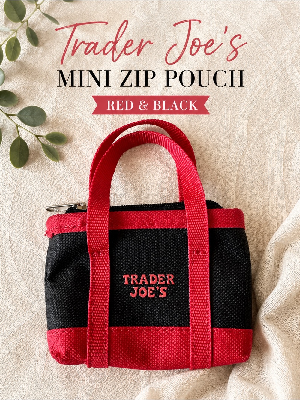 Trader Joe’s Mini Zip Pouch Red Black Canvas Coin Purse Collectible